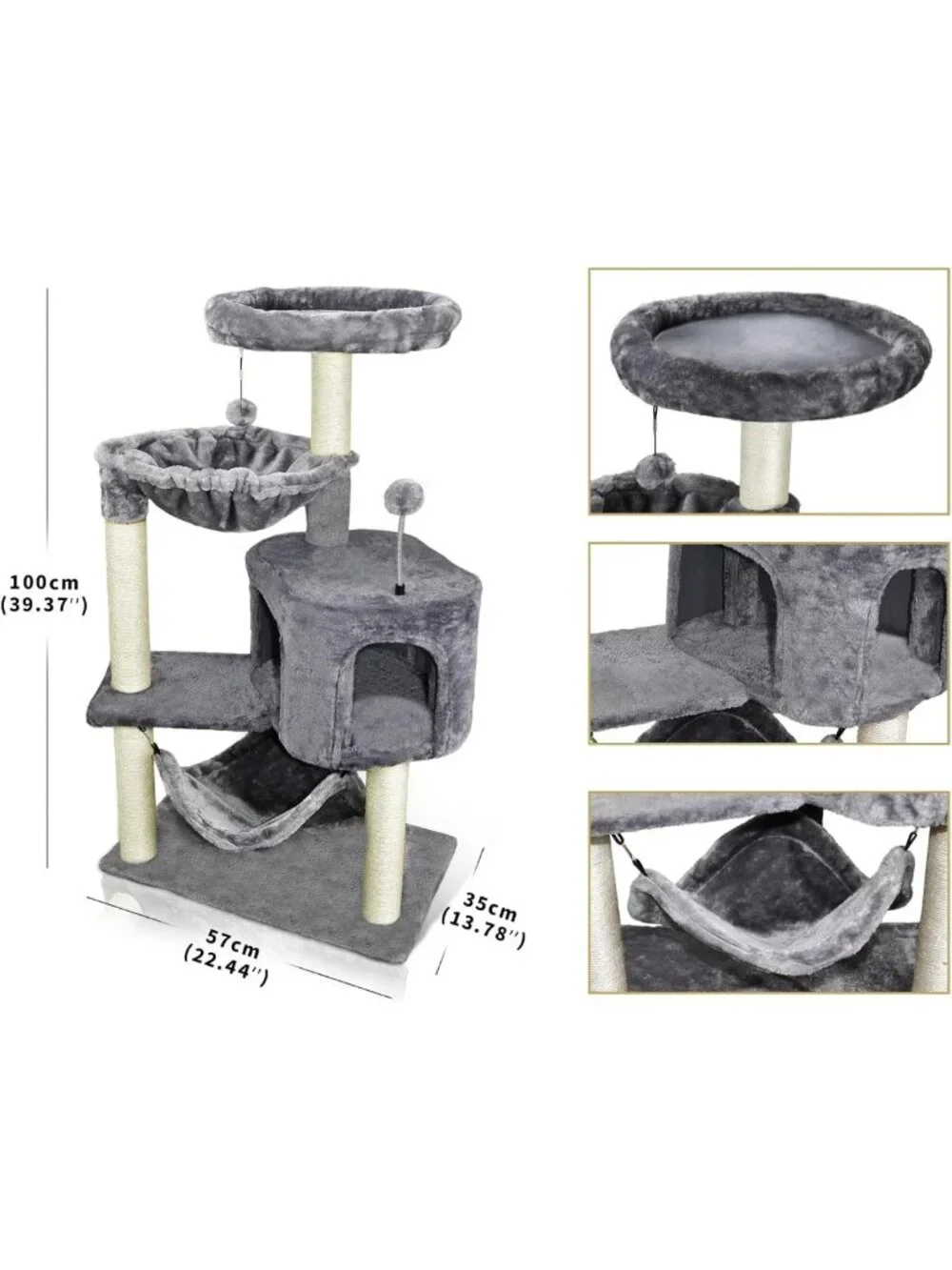Cozy Cat Tree with Condo & Large Hammock - Grey, Perfect for Play & Relaxation